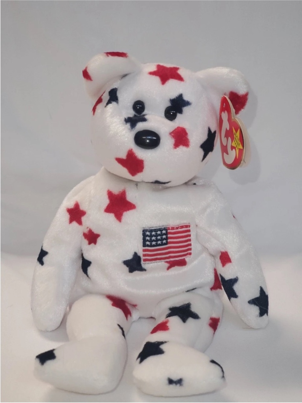 TY Beanie Baby Glory Patriotic Star Bear Plush - White with Red & Blue Stars